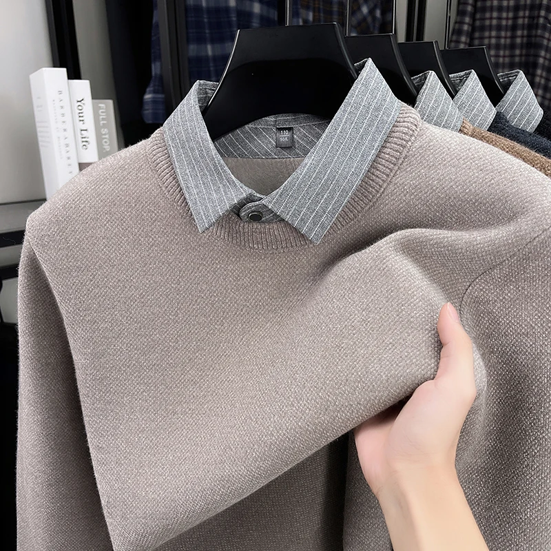 

High quality men's striped lapel knitted sweater luxury fashion fake two-piece pullover autumn winter thicken warm casual top