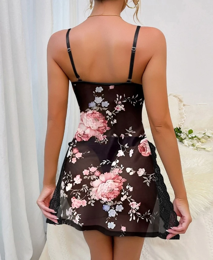 Abiti da casa da donna Stampa floreale Trasparente in pizzo con scollo a V in pizzo Cinghia per spaghetti Bowknot Cami Abito da notte Camicia da notte romantica