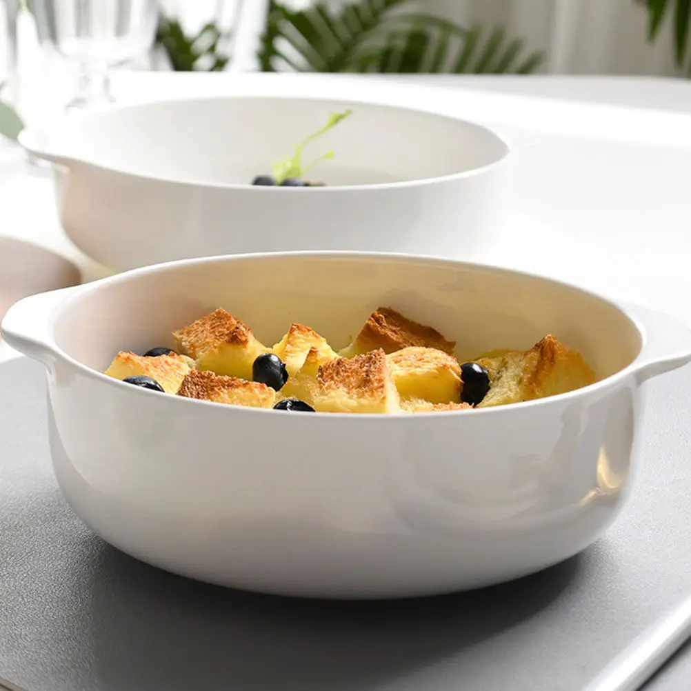 Ceramic Baking Dish White Pie Pan Double Handle Plate Oven Safe for Roasting Cheese Pizza Bowl Appetizer Ceramic Bowl