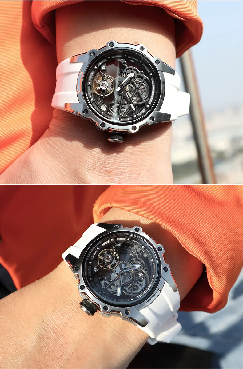 MEGIR Skeleton Dial Automatische Mechanische Uhr Männer Edelstahl Gehäuse Wasserdicht Leuchtende Sport Armbanduhr mit Silikon Armband – Detail 14