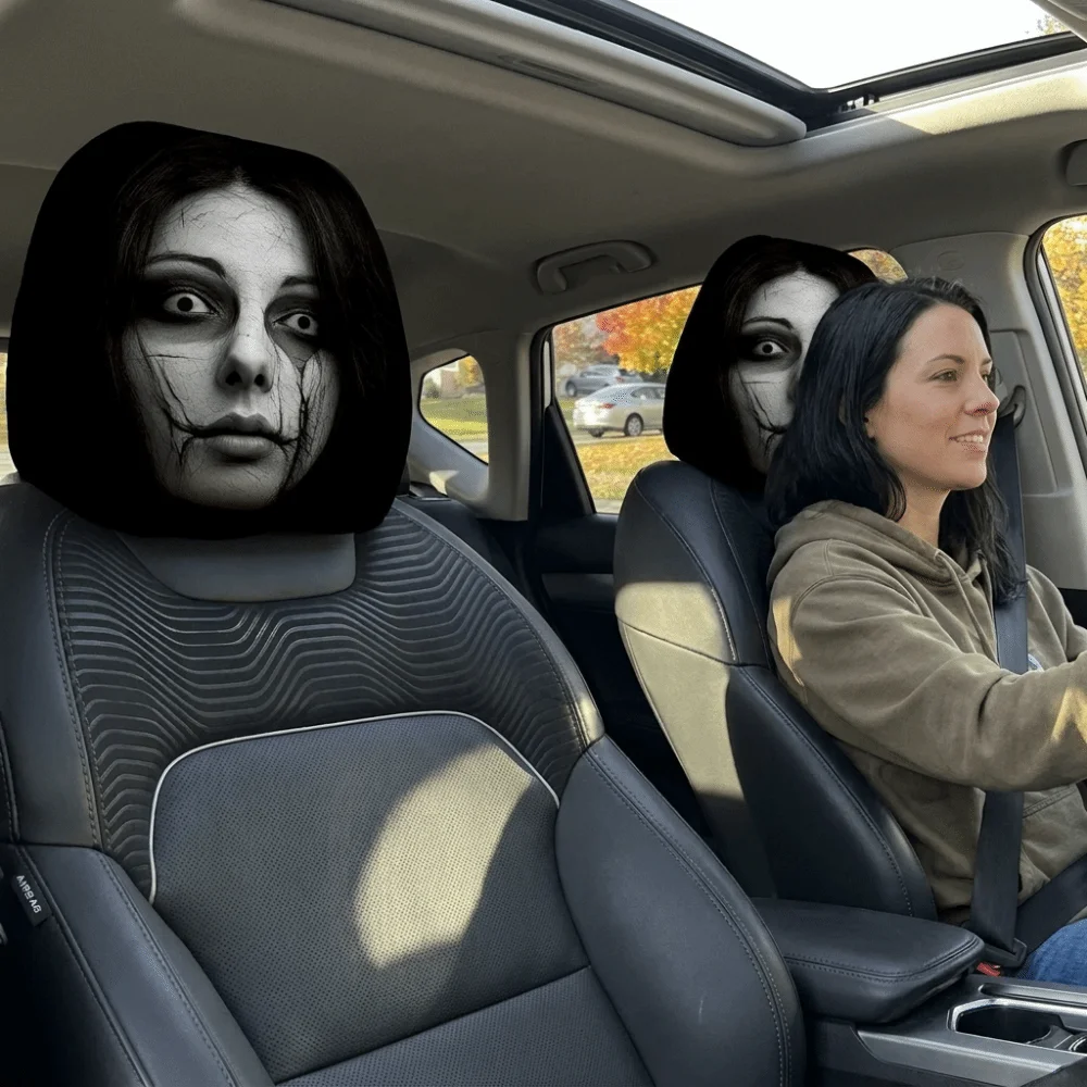 2PCS Elastic Halloween Car Headrest Covers Scary Face Print Breathable Seat Headrest Protectors Universal Washable