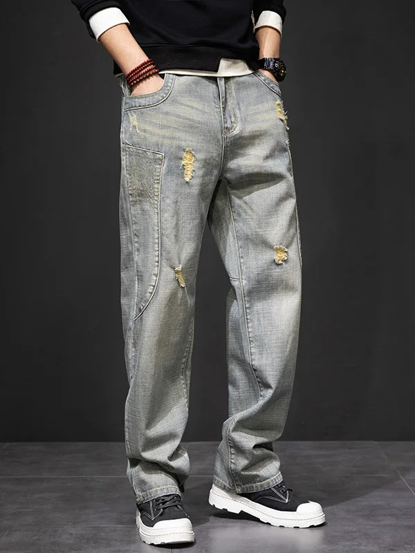 

Мужские джинсы свободного кроя в стиле ретро, ​​износостойкие джинсовые брюки с высокой талией, винтажный дизайн, сезонная одежда на весну и осень