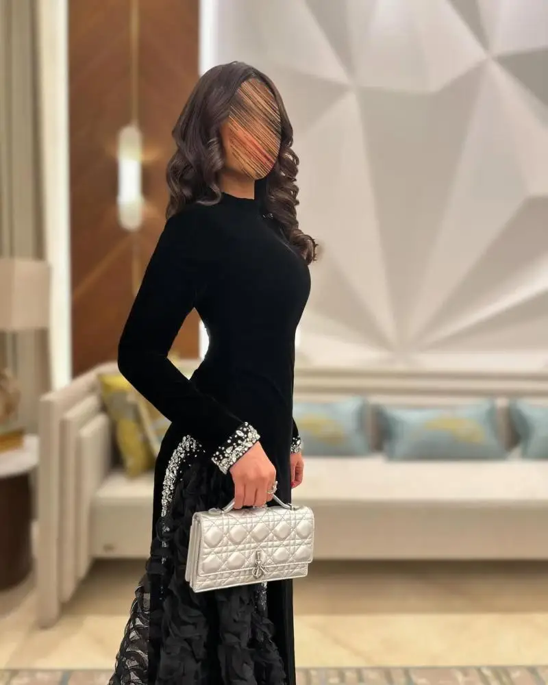 Jirocum luxo preto de alta pescoço veludo lantejoulas plissado manga longa vestidos de trilha formal baile de formatura gala luxo festa vestidos de noite