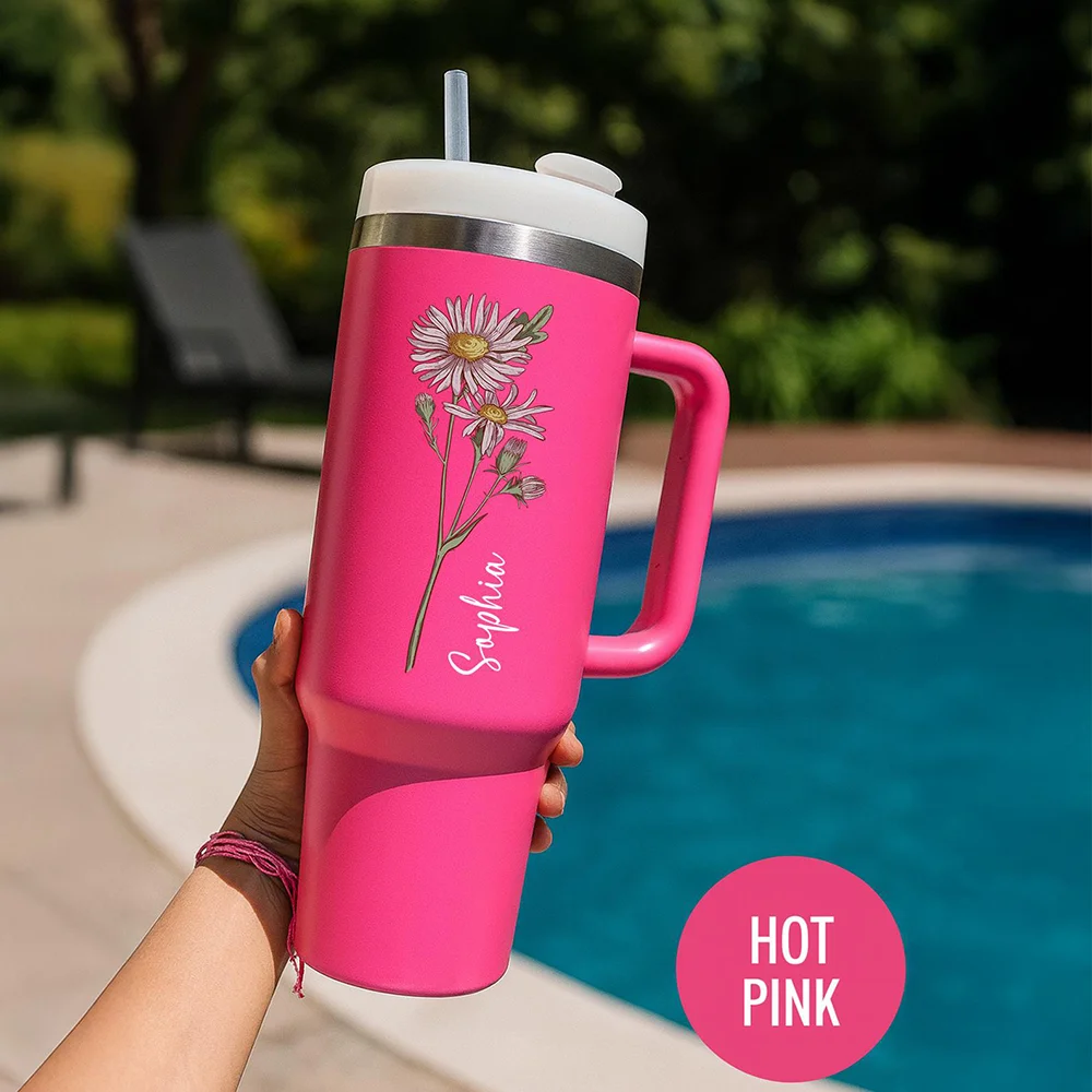 Personalized Birthday Floral Tumbler Custom Engraved Handle Cup BFF Gift Travel Mug Stylish Flower Pattern Gift for Girlfriend