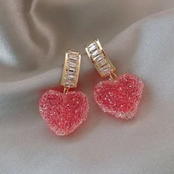 2024 New Arrival Trendy Lovely Pink Heart Dangle Earrings for Women Fashion Cute Sweet Crystal Jewelry Accessories Girl Gifts