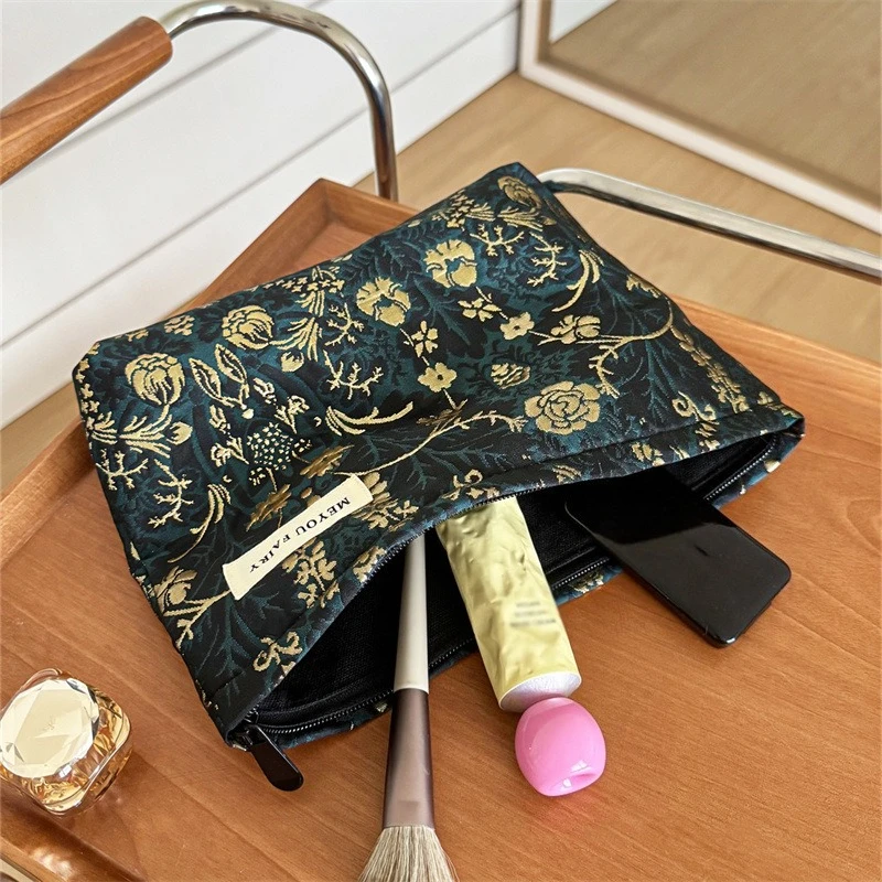 Dark Green Gold Vintage Jacquard Large Capacity Makeup Bag French Court Style Floral Canvas Storage Bag Travel Toiletry Bag