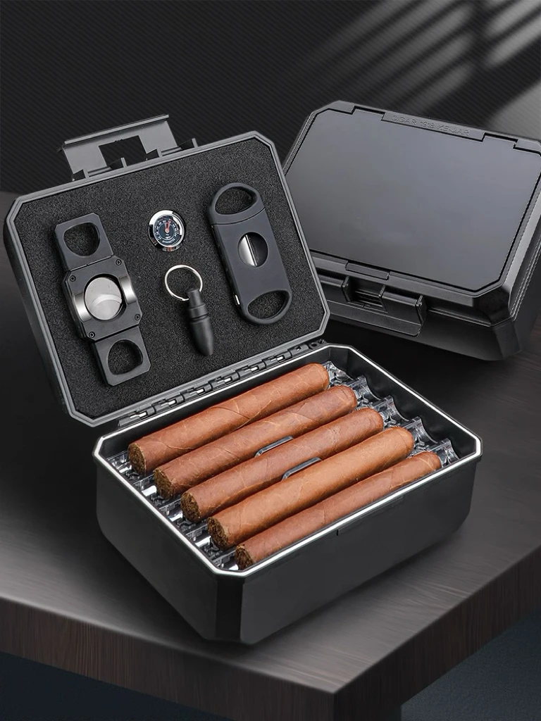 Cigar Moisturizing Box Set, Three Layer Sealed Multi Functional Moisture Proof Portable Cigar Box.