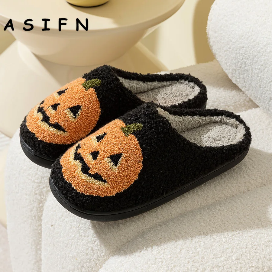 Fuzzy Winter Slippers Pumpkin Halloween Women Slippers Soft Exquisite Plush Cozy Indoor Home Footwear Cool for Gift Warm Shoes