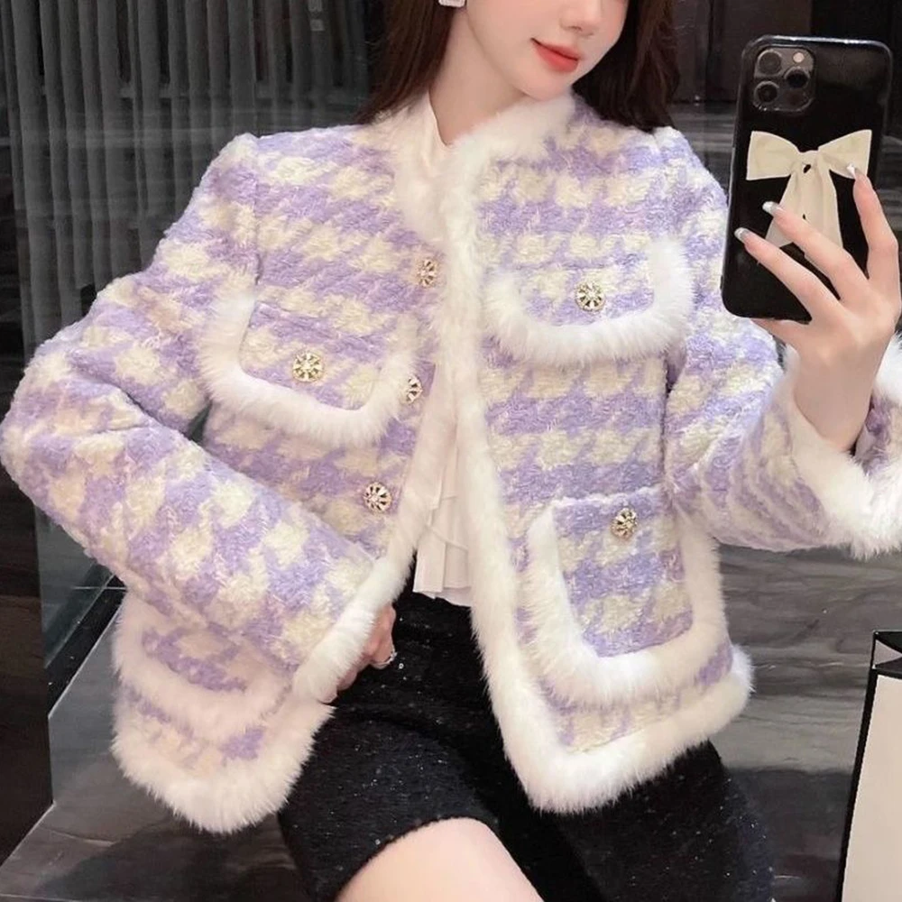 Mink hair  jacket female 2025 swing winter thousand bird grid violet celebrity thin padded woolen cotton clothing female