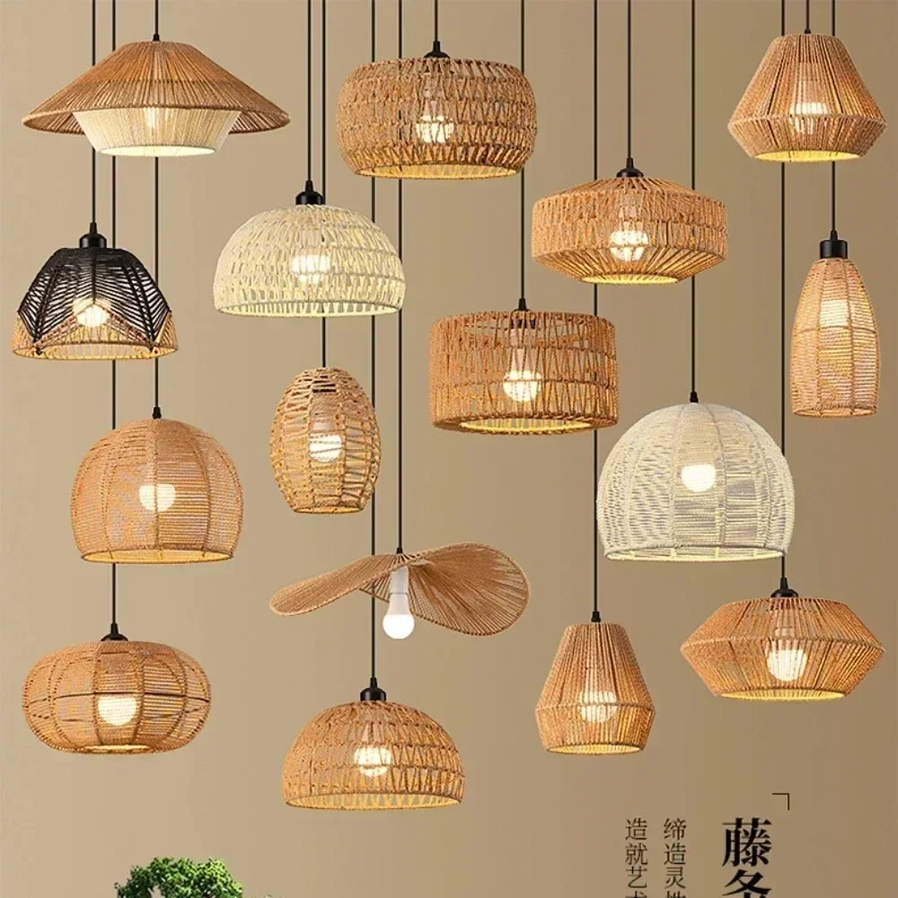 Creative Natural Rattan Pendant Lamps Hand Weaved Rattan Wicker Lampshade Hanging Chandeliers Home Decor Dining Room Living Room