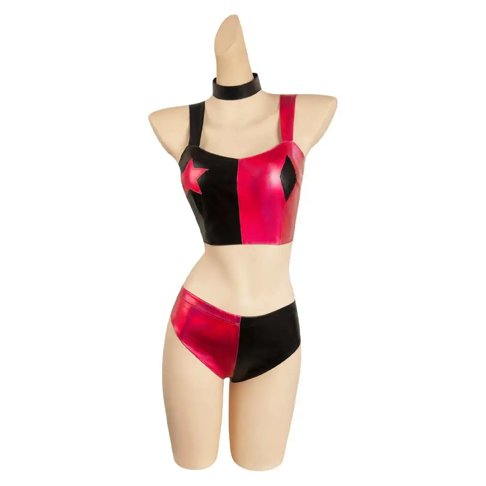 Quinzel-Maillot de bain sexy pour femmes et filles, costume de cosplay, haut et short, bikini d'été, tenues de natation, fête d'Halloween et de carnaval, pli imbibé