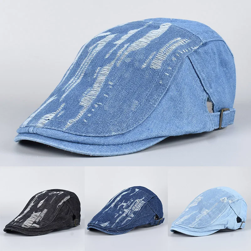 Summer Beret Women Men Unisex 2025 Spring Flat Cap Vintage Made Old Holes Washed Cotton Denim Berets Chapeau Hommes Newsboy Hat