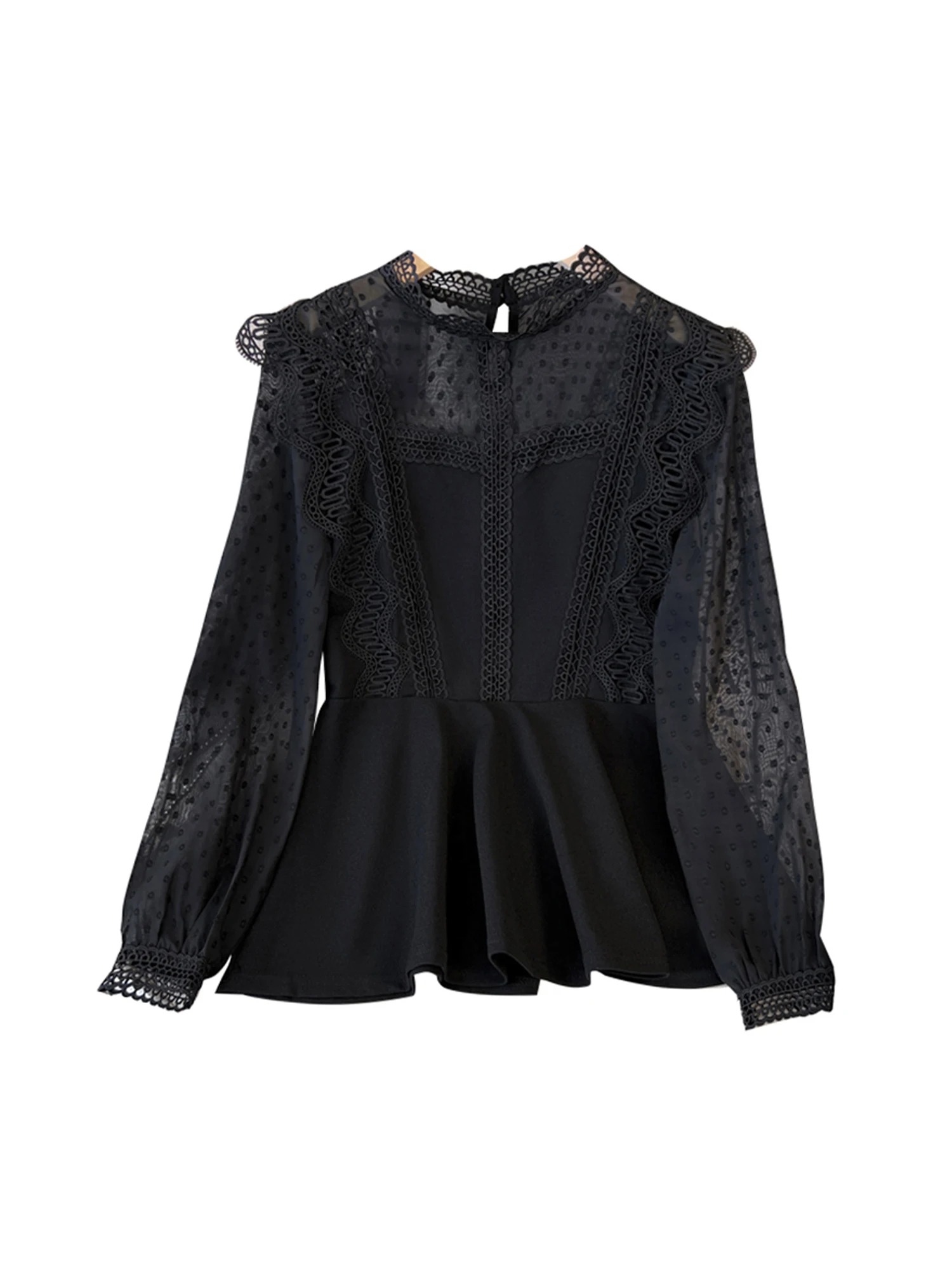 المرأة السوداء القوطية الشيفون قمصان البلوزات خمر أنيقة 2000s طويلة الأكمام الدانتيل المرقعة قميص للسيدات الملابس ربيع الخريف #1