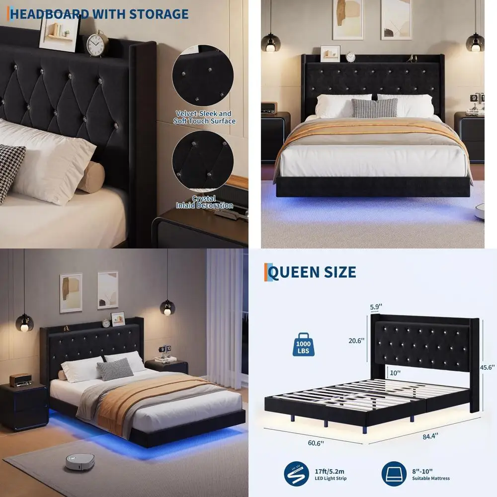 

Кровать-платформа размера Queen с LED-подсветкой и бархатным покрытием, с местом для хранения, не требует пружинного блока, простая сборка, бесшумная.