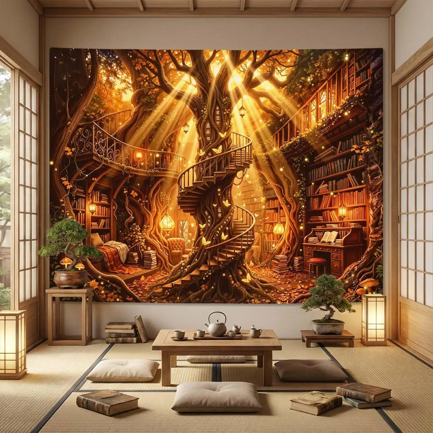 Magical Tree Library Tapestry, Warm Wall Hanging with Golden Light, Spiral Staircase & Autumn Bookshelf, for Bedroom Decor