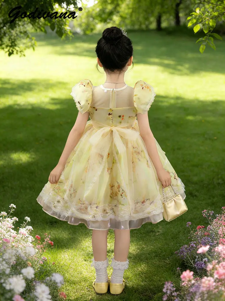 2026 Summer New Sweet Girls Lolita Princess Dress Kids Puff Sleeve Slim Fashion Sequin Floral Print  High Waist Mesh Tutu Gown