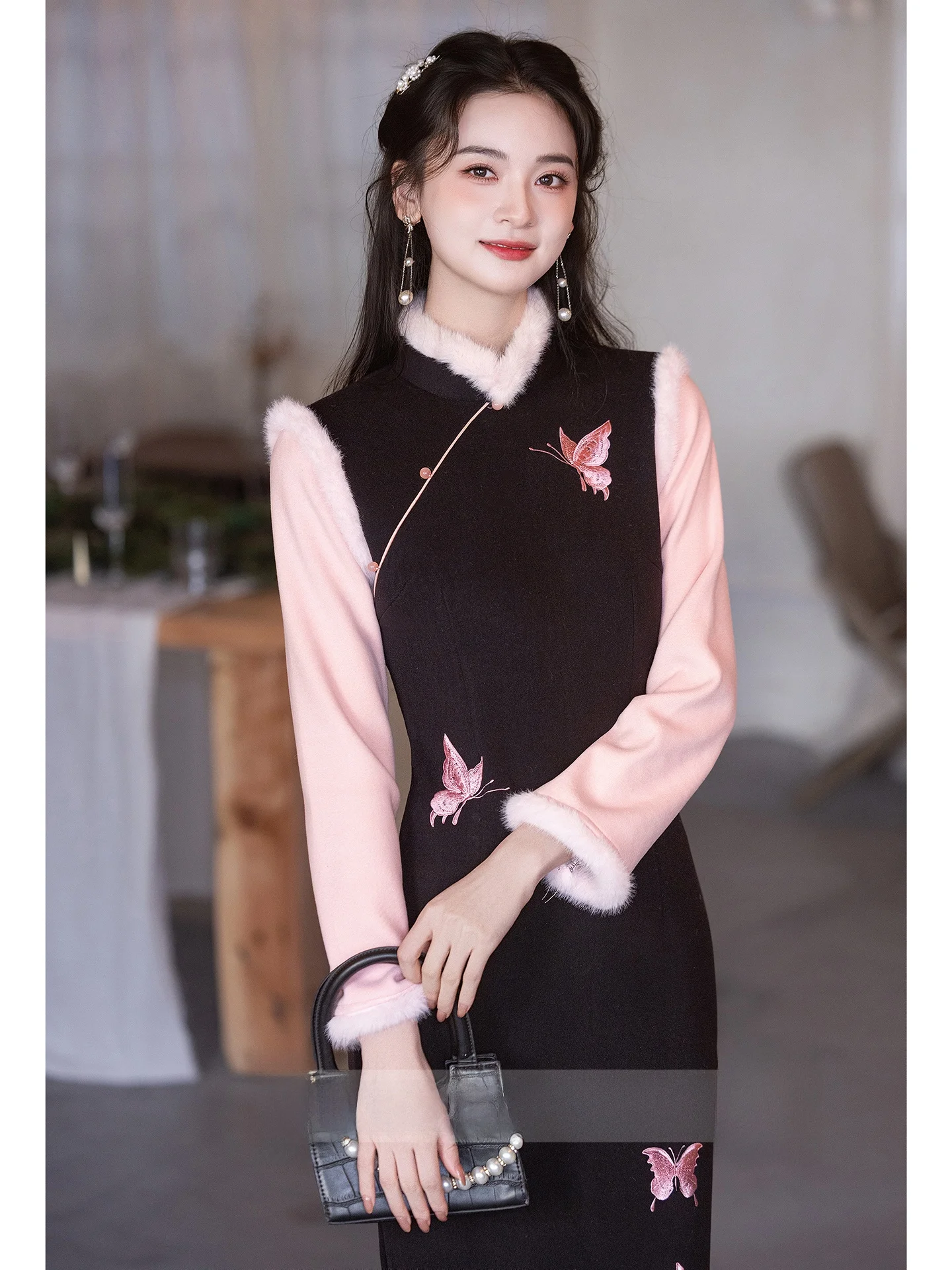 

Bla Fce Lined Thiened Winter Qipao Dr Women's New Chinese Sle Faion Long Sve Long Dr High Collar Gown