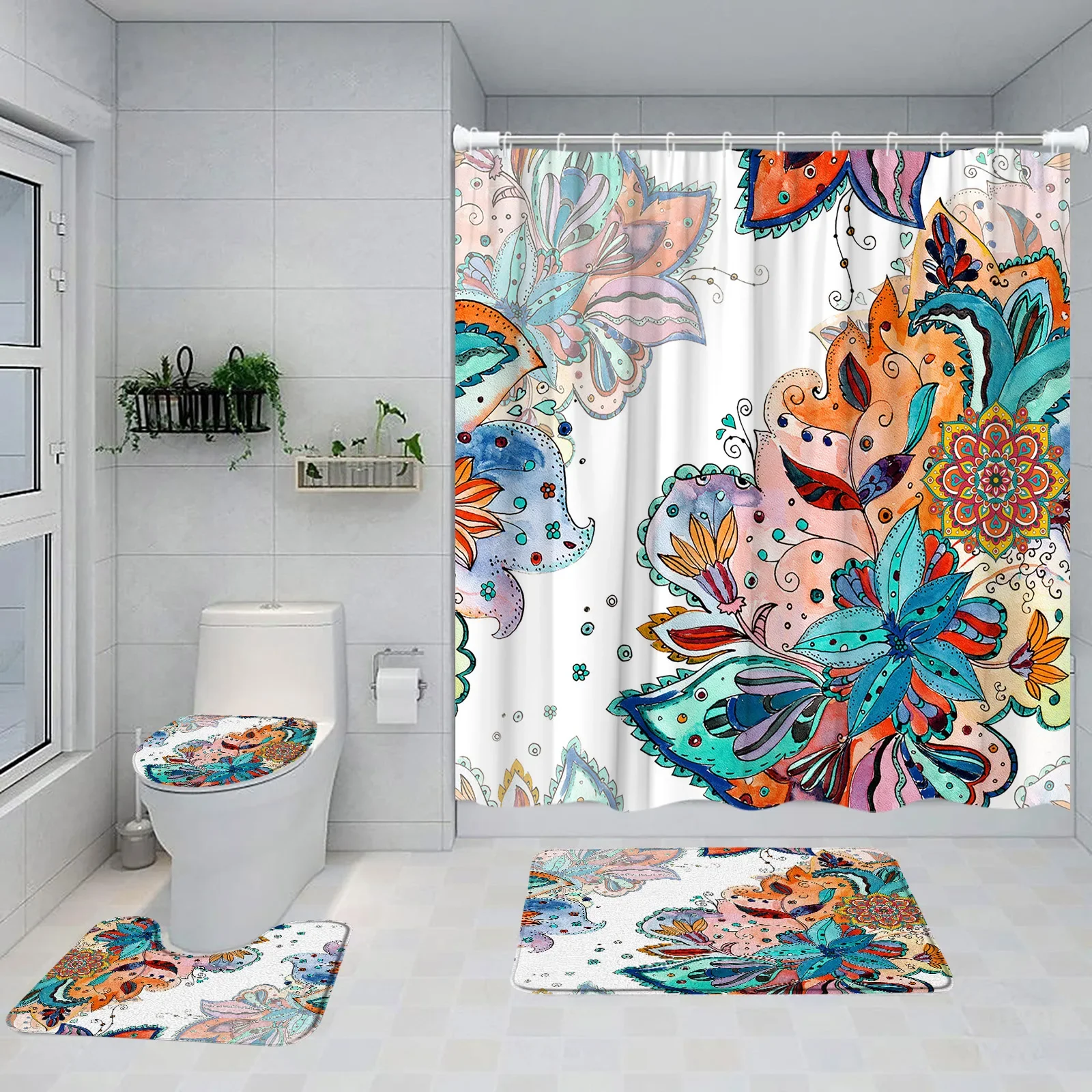 Boho Floral Shower Curtain Set Abstract Colorful Bohemian Flowers Tropical Leaves Bathtub Rug Toilet Lid Cover Bathroom Decor