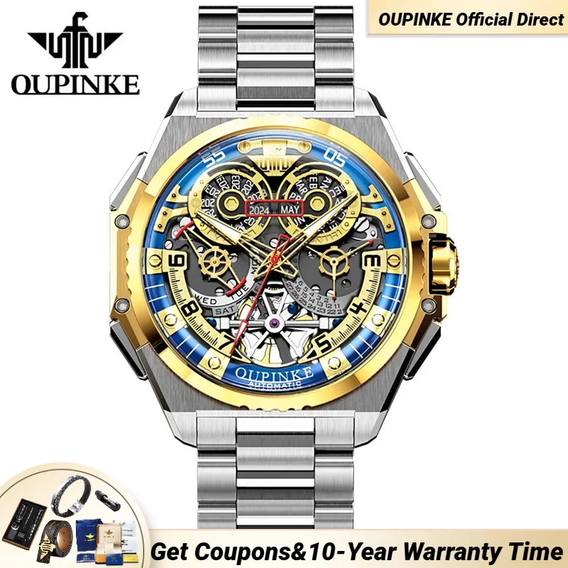 OUPINKE 3266 ساعة رجالية فاخرة أصلية الراقية التلقائي ساعة يد رجالي التنغستن الصلب حزام عميق مقاوم للماء هيكل عظمي مجوف