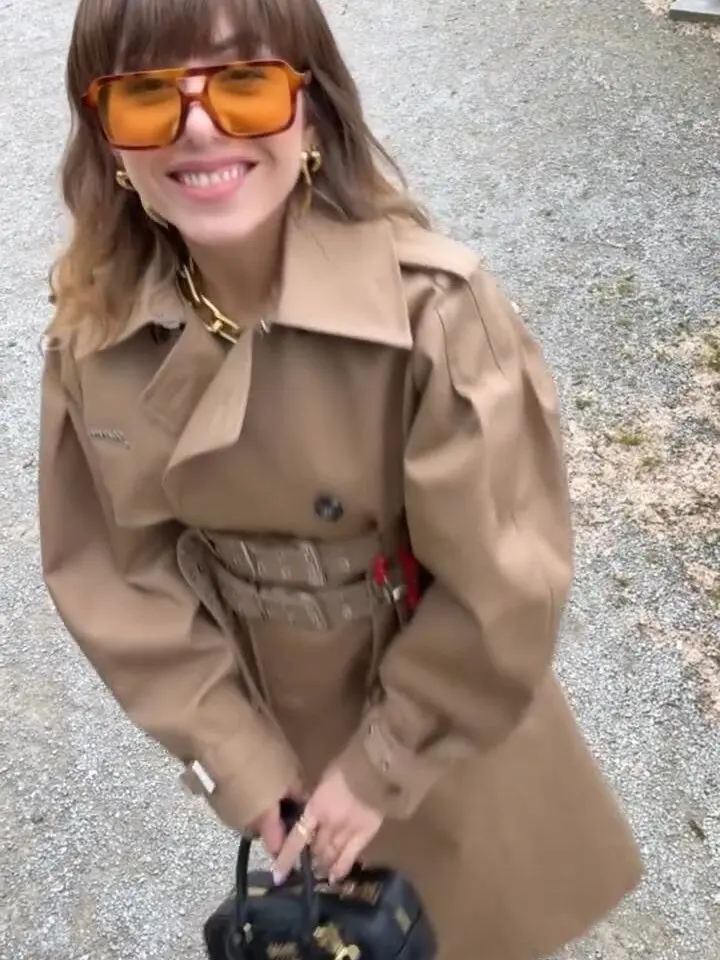 

Autumn New Belt Women's Windbreaker Double Breasted Slim Long Coats Lapel Collar Brown Jackets High Street Chic Female Clothes
