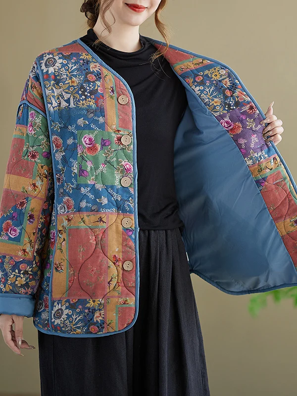 Retro Print Cotton Linen Loose Casual Women's Jaet Lightweight Diamond Pattern Cotton Coat V-ne Long Sve Winter Outerwear