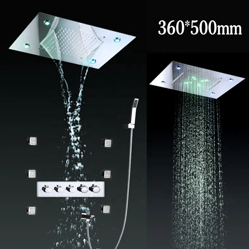 Brass Hot Cold Four Handle Shower Valve Stainless Steel 360x500 Ceiling Mounted LED Rain Bathroom Shower Faucet Spa Body Massage