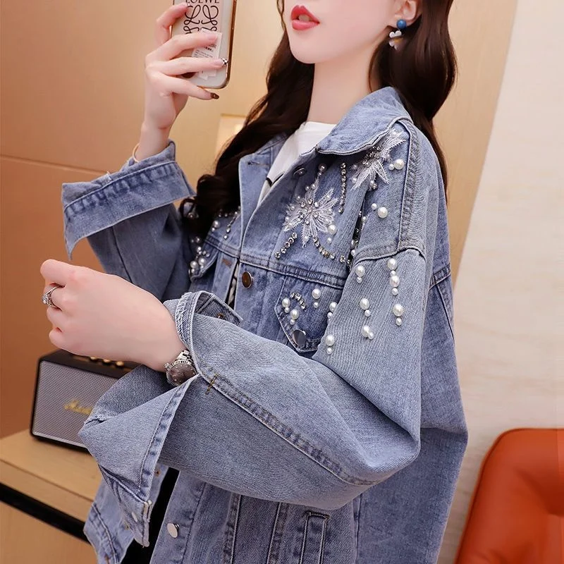 2024 Spring Autumn Jeans Jackets Women Korean Rhinestones Embroideried 3D Flowers Outerwear Female Causal Womens Demin Coats