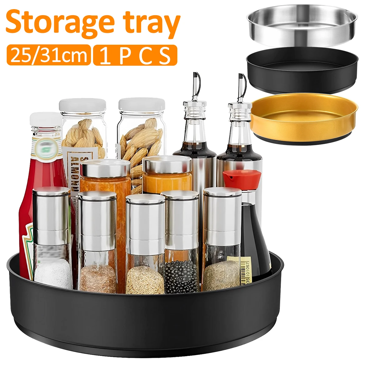 360 Rotation Non-Skid Spice Tray Pantry Cabinet Turntable with Wide Base Storage Bin Rotating Organizer for Kitchen Seasoning