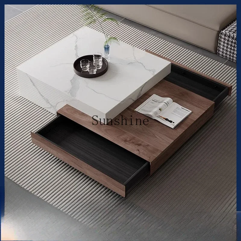 

Living room household small apartment solid wood telescopic rectangular solid wood rock slab coffee table