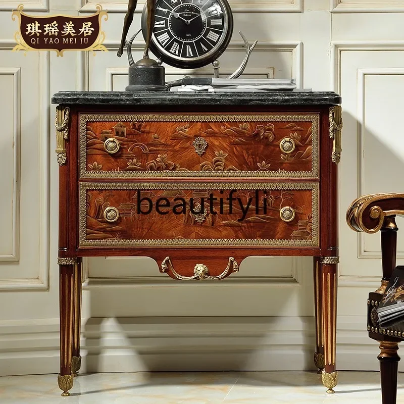 British Style Luxury Small Chest of Drawers Classical Solid Wood Bedside Table Artistic Hand Painted Decorative Cabinet