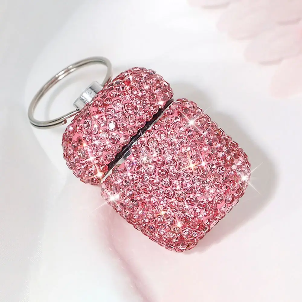 Pink Bling Rhinestone Inlaid Pill Cases Exquisite Shiny Vitamin Storage Case with Key Ring Portable Pill Organizer Women/Girls