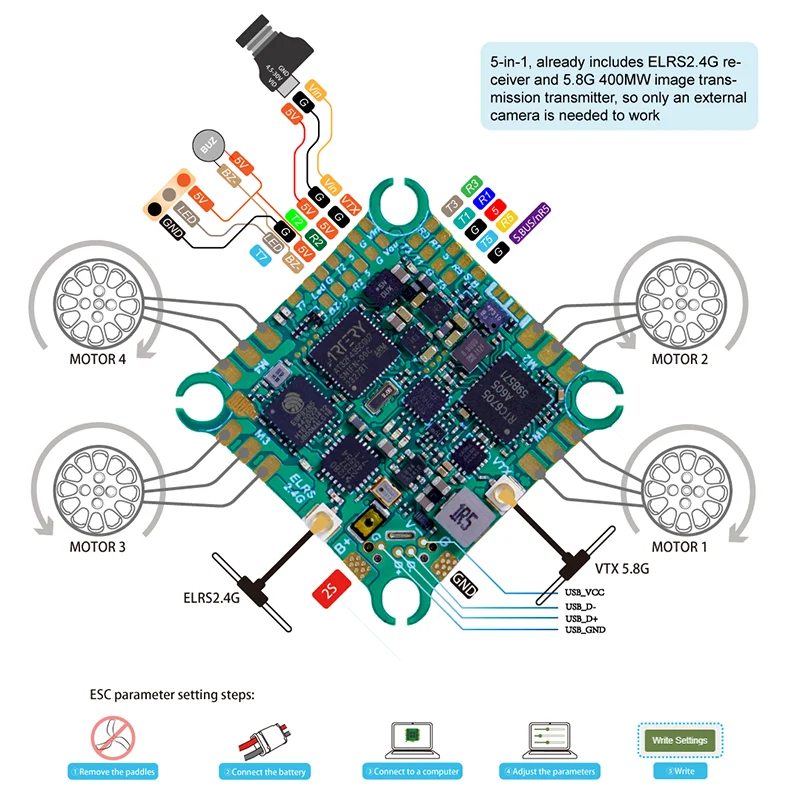 AT32F435 mini AIO 32 Bit AM32 ESC Board Flight Controller with 25.5*25.5mm Mounting pattern for FPV drone