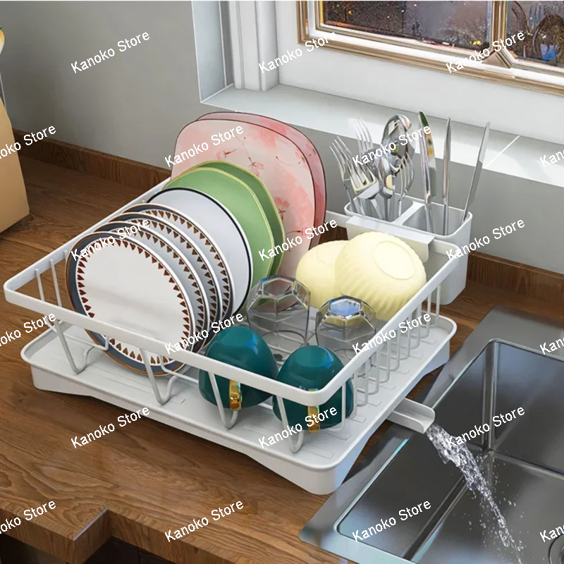 1/2 Tier Dish Drying Rack with Drain Board Kitchen Utensils Drainer Rack Countertop Dinnerware Plate Bowl Fork Spoon Organizer