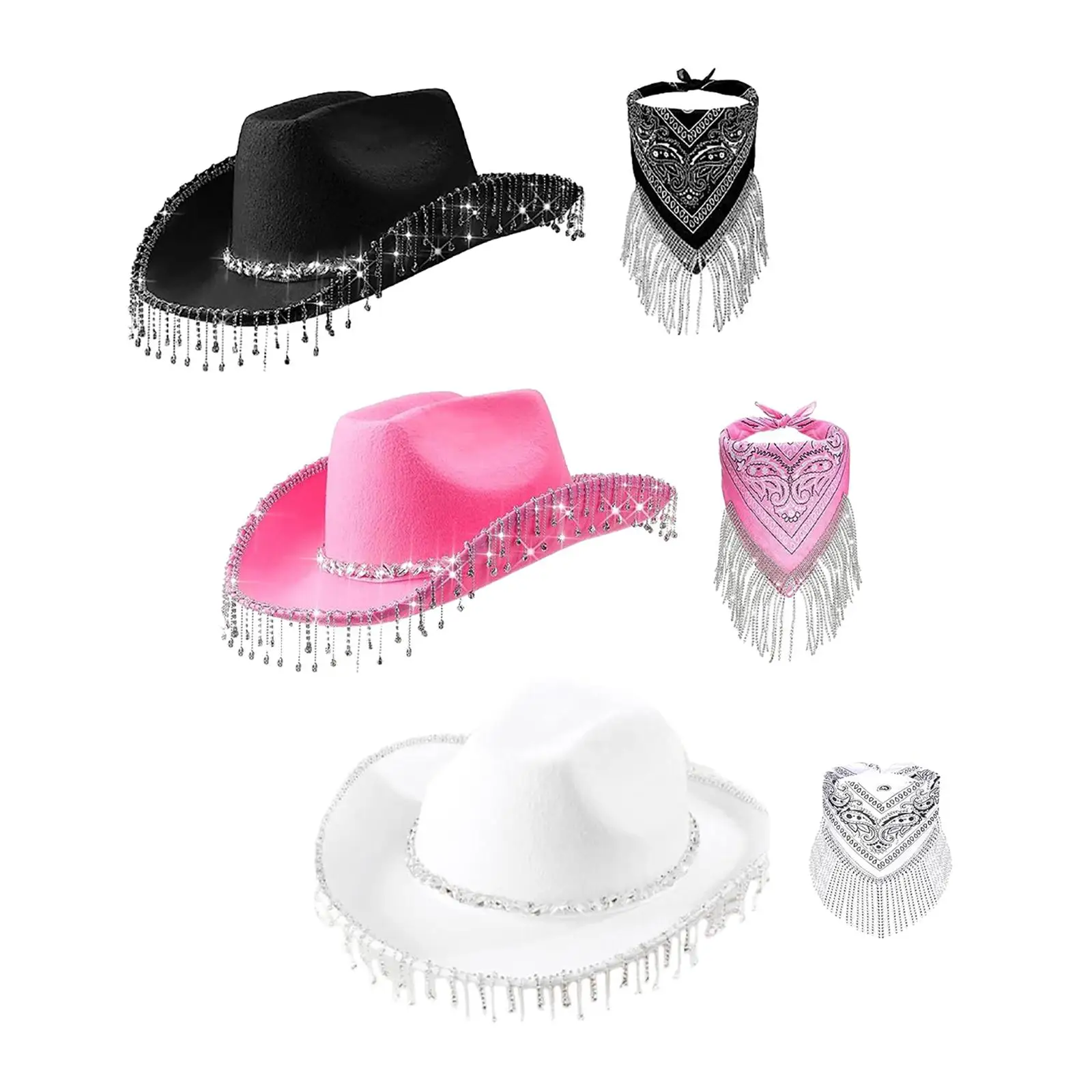 Cowgirl Hat Rhinestone Fringe Hat Big Brim Cap Western Cowboy Hat with Fringed Bandana for Women Music Concerts Celebration