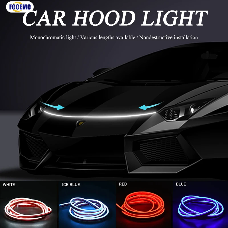 1M-2.4M LED Scan Starting Car Hood Light Strip Daytime Running Light Waterproof Auto Engine Hood Guide Decor Ambient Neon Lamp