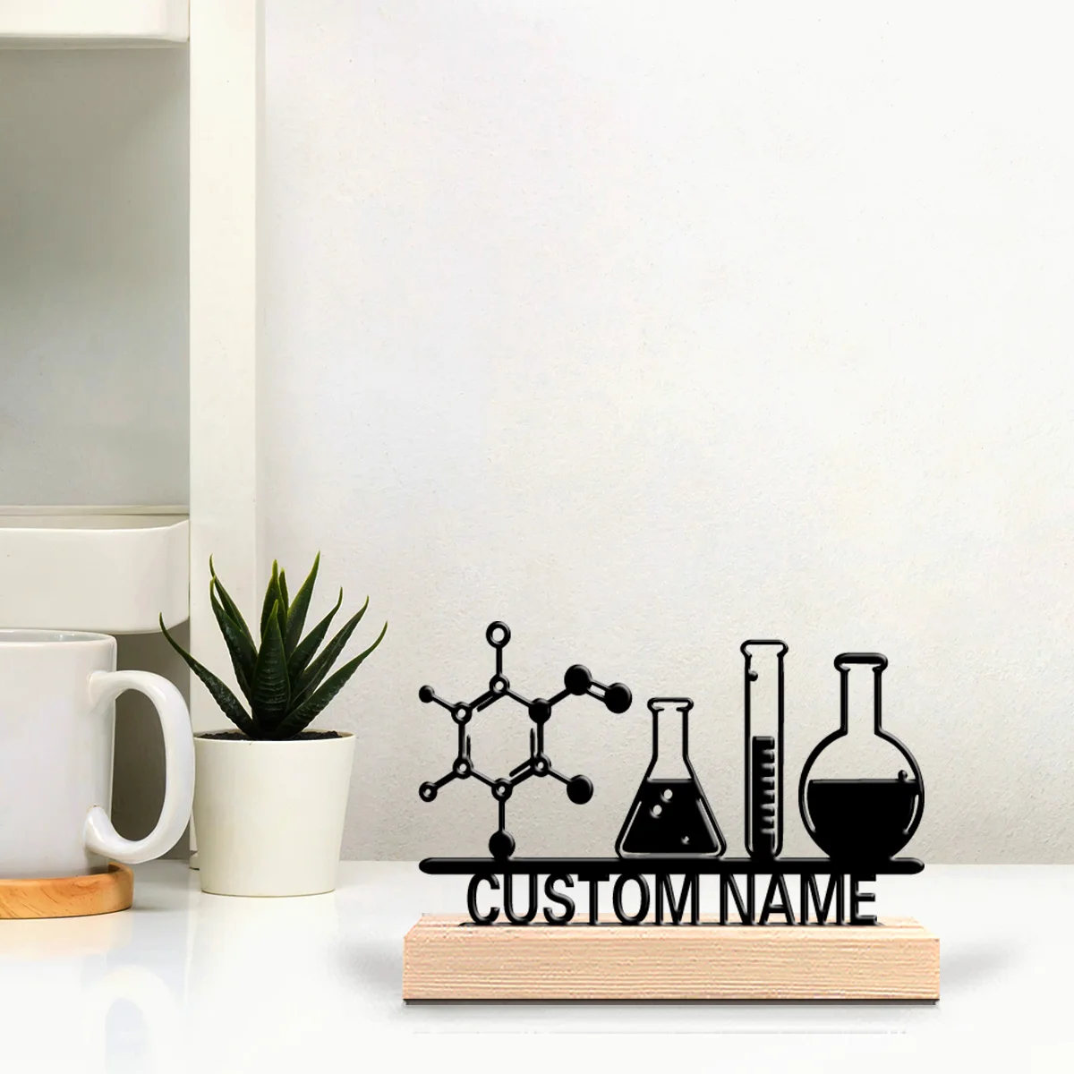1pc Beauty Personalized Custom Laboratory Metal Statues Science-Themed Wooden Base Decor for Labs Classrooms Geeky Home or