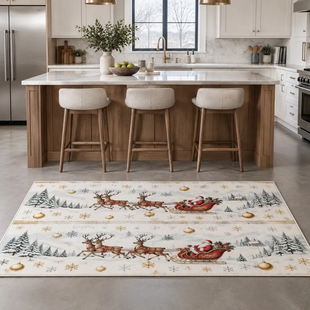 VIKAMA Carpet Rug Ivory White Christmas Reindeer Sleigh Snow Scene Window Seat Coffee Table Christmas Home Decor