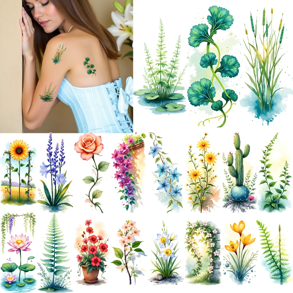 

9pcs Temporary Tattoo Flower Tattoos Temporary Tattoo Stickers Botanical Tattoos Watercolor For Children Girls Shoulders