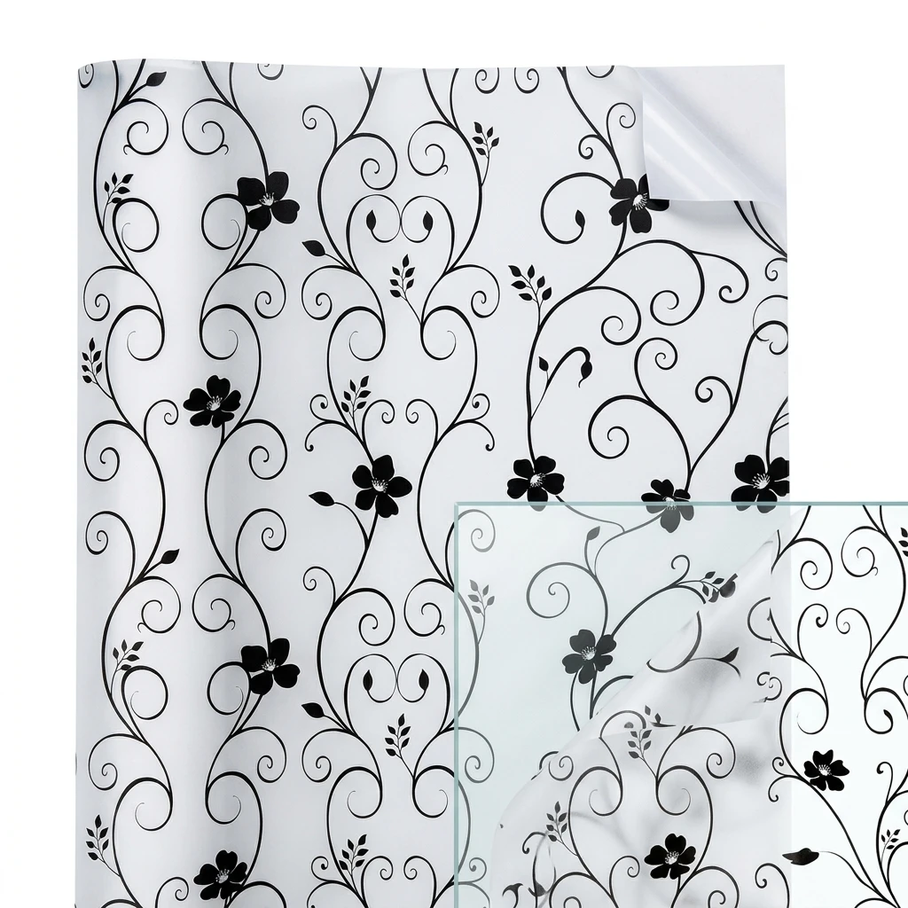 Elegant Retro Privacy Window Film Curly Vine Flower Design with Built-in Adhesive Soft Light Filter Cuttable PVC for Home Decor