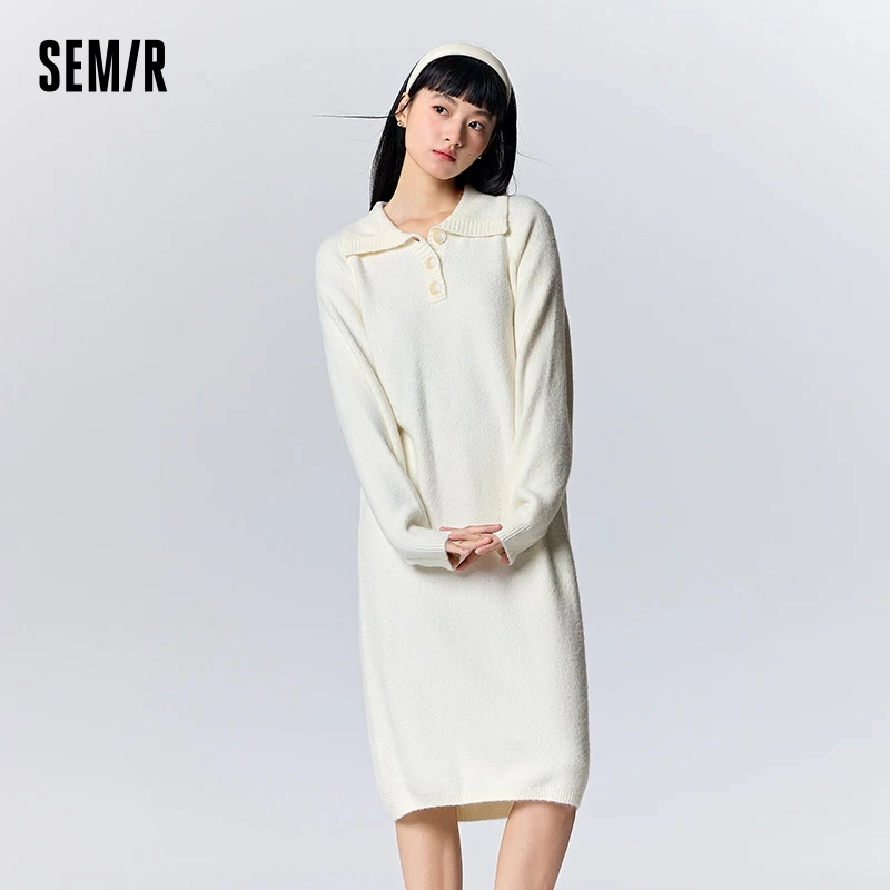 Semir Dress Women Polo Collar Solid Color Gentle 2023 Winter New Loose Soft Waxy Versatile Knitted Dress