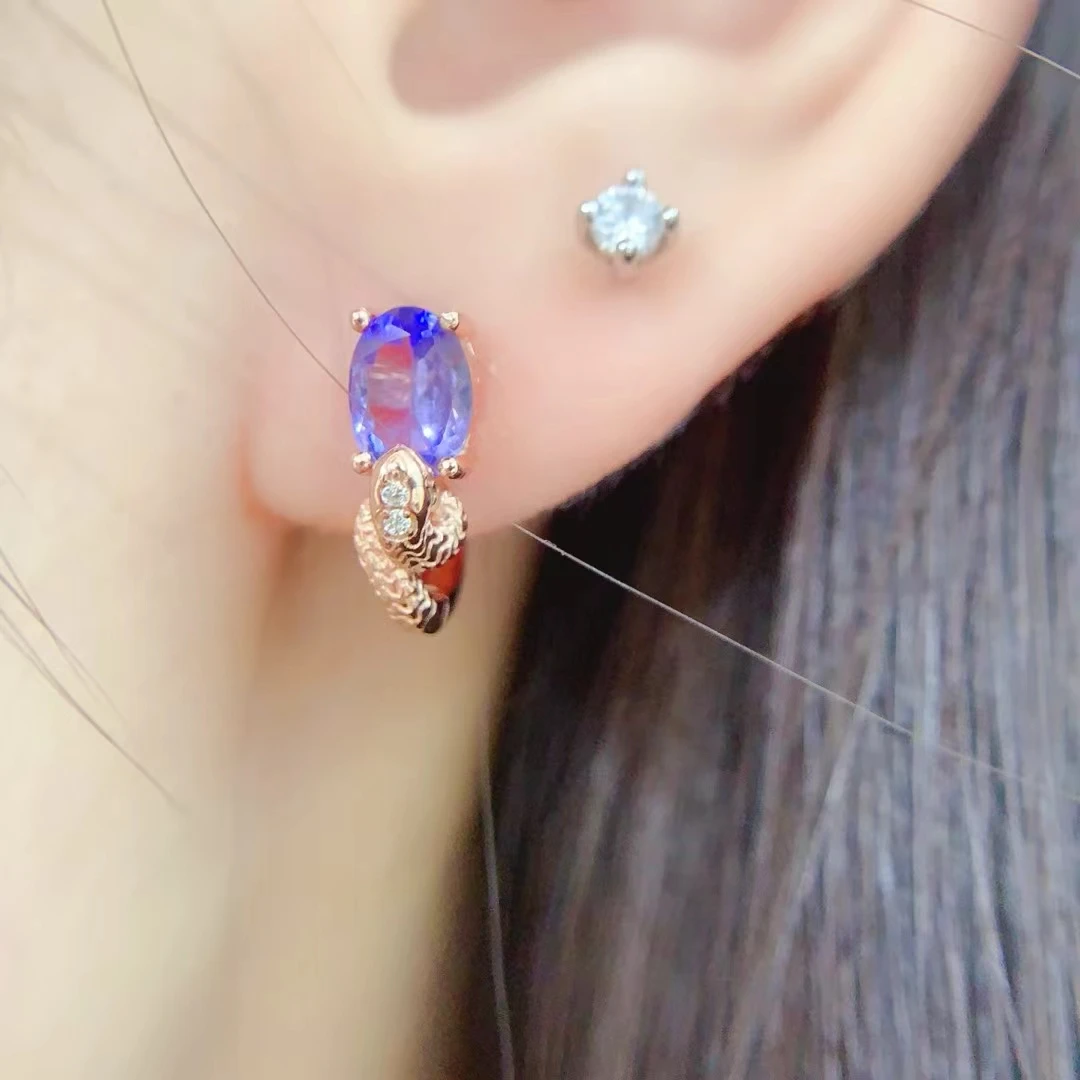 Fashion 925 Silver Snake Earrings 5mm*7mm Total 1.4ct Natural Tanzanite Hoop Earrings with 18K Gold Plating Allergy Free