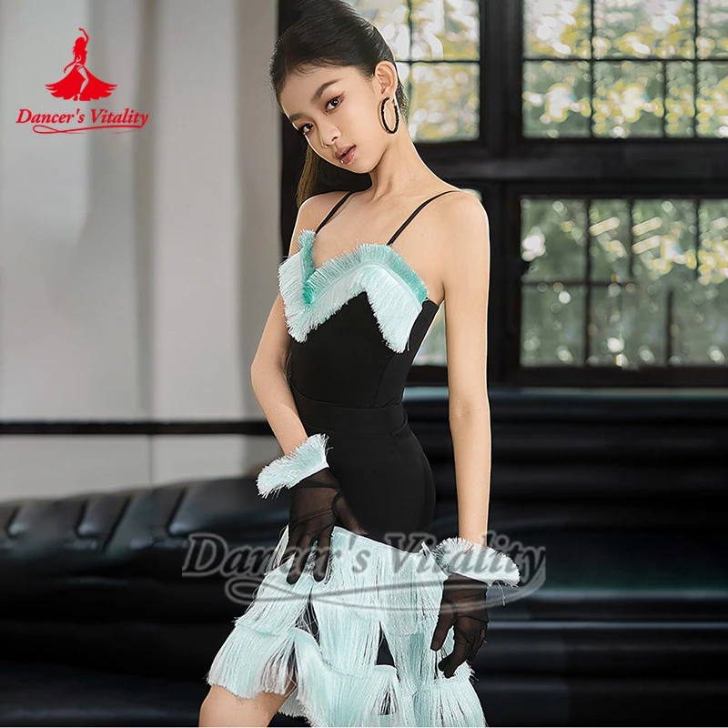 Ensembles d'entraînement et de spectacle avec pompons vert menthe pour filles, jupe à franges de danse latine sans manches, vêtements pour enfants, vitalité de danseuse