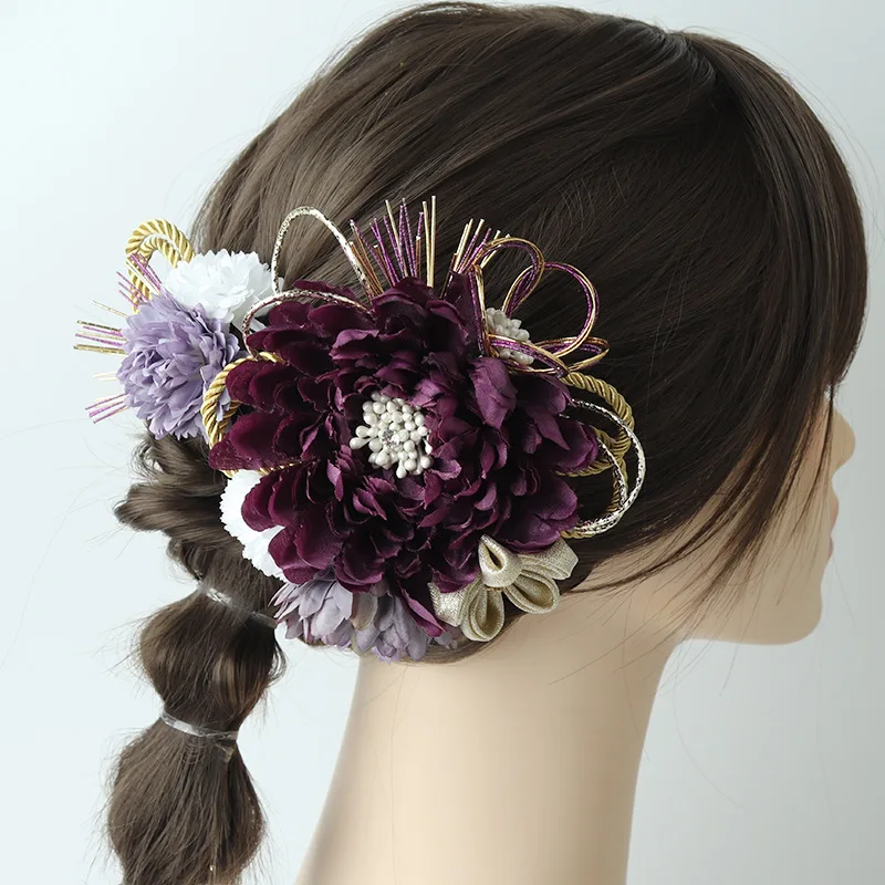 

Mizuhiki Dahlia Hair Comb: Traditional Japanese Kanzashi for Kimono & Yukata, Retro Updo Hairpin