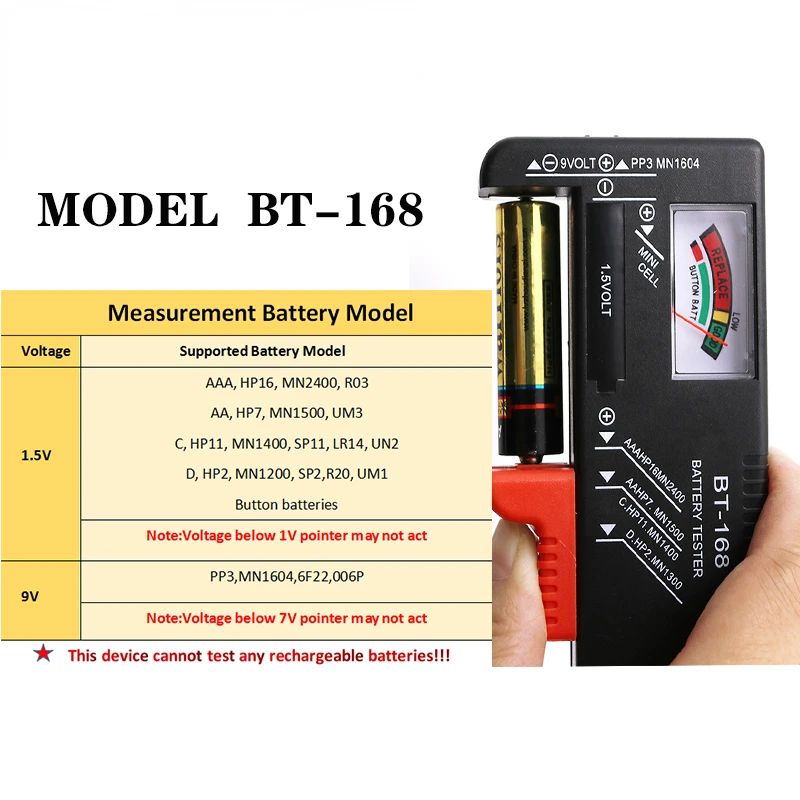 

BT168 Power Universal Button Cell Battery Colour Coded Meter Indicate Volt Tester Checker AA/AAA/C/D/9V/1.5V batteries