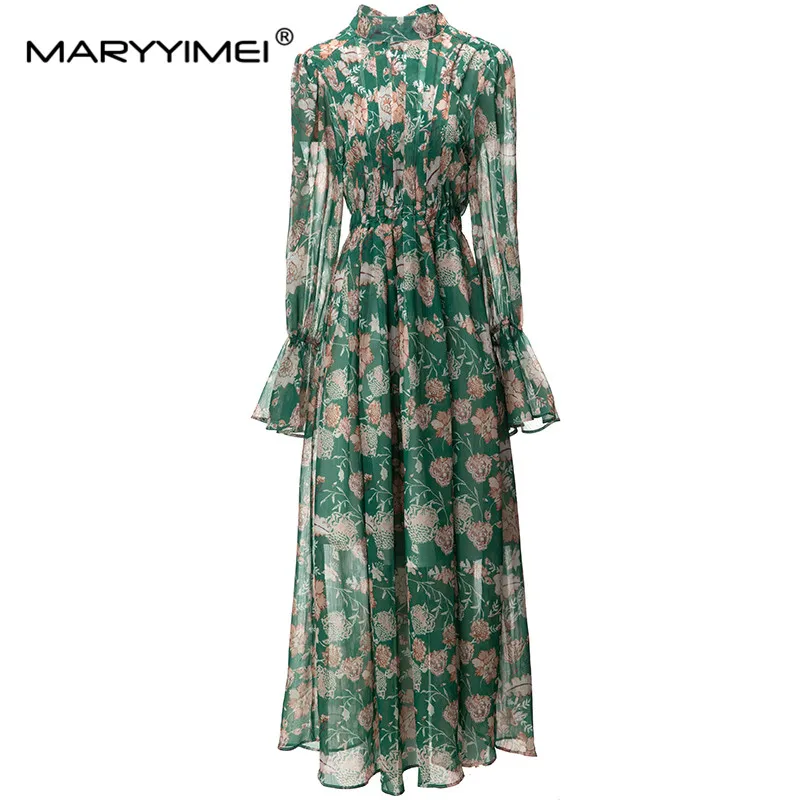 

MARYYIMEI New Fashion Runway Dress Women's Half High Collar Flare Sleeve Lotus Flower Print High Waist Tulle Long Dress