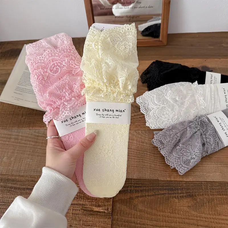 Socks Women JK Fashion Fishnet Thin Material Hollow Edge Comfortable Calf Spring Summer Lace Design Trim Socks Gift Korean Style