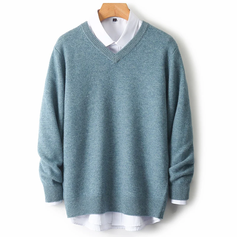 Autumn And Winter 100% Pure Wool Sweater Men's V-Neck Pullover Long Sleeve Loose Thick Sweater Business Casual Cashmere Shirt