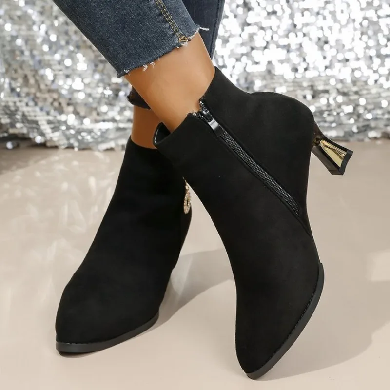 Schwarze Spitze Stiefeletten Herbst Winter Warme Stiefeletten mit Absatz für Damen Trend 2026 Bequeme und Elegante Kurze Damenschuhe – Detail 5