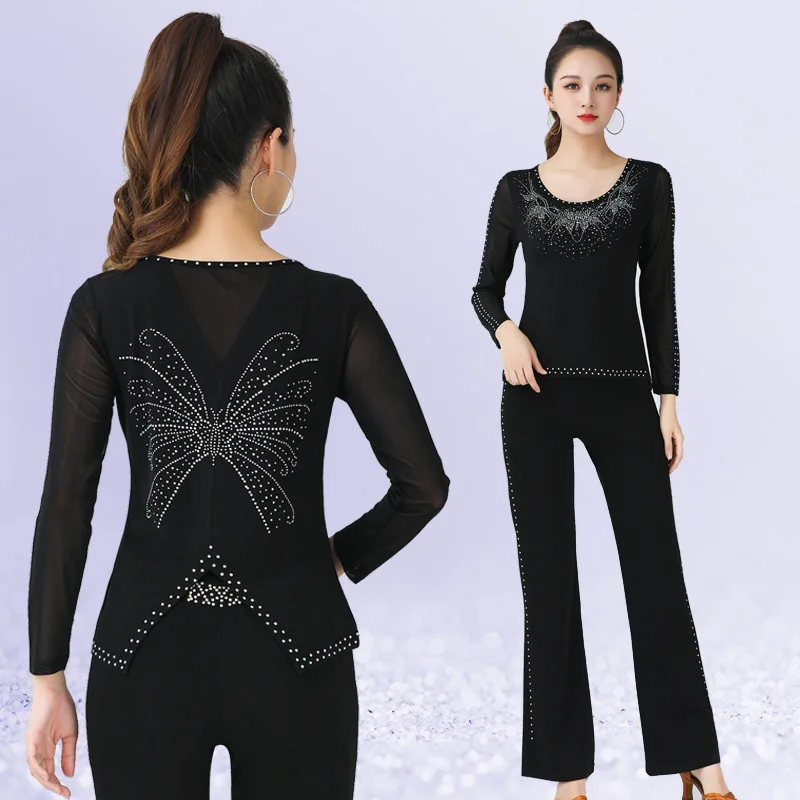 Square dance modern dance black top new women's butterfly studded diamond round neck long sleeved shirt Latin dance costume