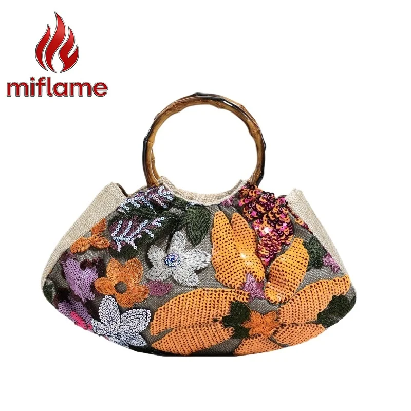 

Сумка-клатч Miflame с вышивкой цветами и пайетками, бамбуковыми листьями, бамбуковой ручкой, тонкой ручной работы, в новом китайском стиле
